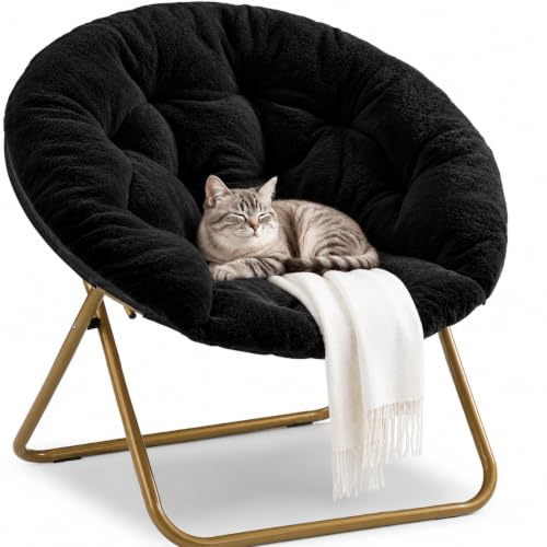 Saucer Chair, Comfy Faux Fur Chair for Bedroom, Saucer Chairs for Adults, Teens, Round Shaped Moon Chair with Foldable Metal Frame, Black