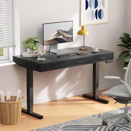 Electric Standing Desk with Drawers, C-Clamp Mount Compatible, 55 x 28 Inch Height Adjustable Sit Stand Desk, Fabric Drawers, Home Office Stand Up Desk with 4 Custom Height Settings, Black