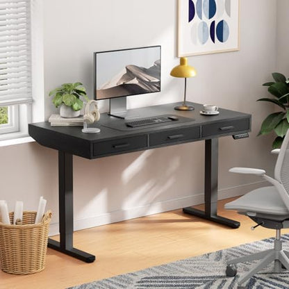 Electric Standing Desk with Drawers, C-Clamp Mount Compatible, 55 x 28 Inch Height Adjustable Sit Stand Desk, Fabric Drawers, Home Office Stand Up Desk with 4 Custom Height Settings, Black