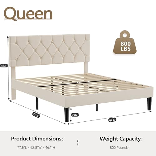 Queen Bed Frame with Upholstered Tufted Headboard, Beige, view 3