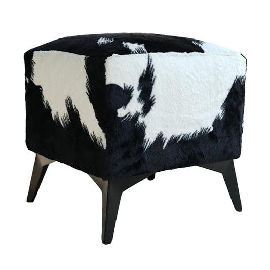 Faux Cowhide Ottoman, 16x16x17 Inch, Black White Cow Print | Upholstered Cube Foot Stool, Solid Metal Legs, Animal Print Design, Modern Farmhouse Decor for Living Room, Bedroom, Entryway