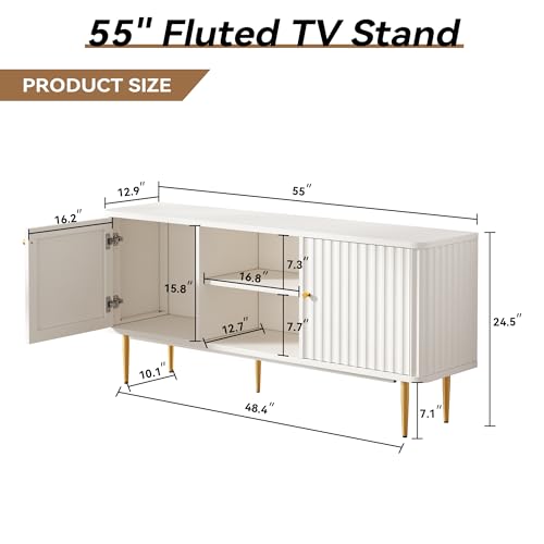 55” Fluted TV Stand, Mid Century Modern White TV Stand for 55/60/65 inch TV, Entertainment Center with Storage, Television Stands, TV Console, Media Console for Living Room, Bedroom
