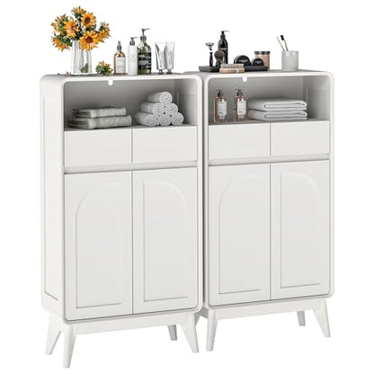 Set of 2 Bathroom Storage Cabinet, Tall Kitchen Storage Cabinet with Drawers and Shelves, Corner Coffee Bar Table Freestanding Sideboard for Living Room, Entryway, White