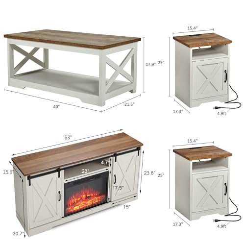 5-Piece Farmhouse Table Set Includes Fireplace TV Stand, Coffee Table& Two End Tables with Charging Station and USB Ports, for Living Room, Distressed White, 63"