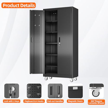 71" Metal Garage Storage Cabinet with Wheels,Pegboard,Lock,5 Shelves, view 6