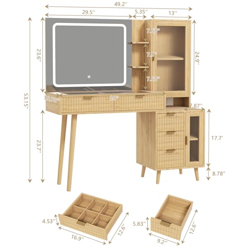 49” Wood Makeup Vanity Desk with Mirror and Lights Natural Oak, view 3