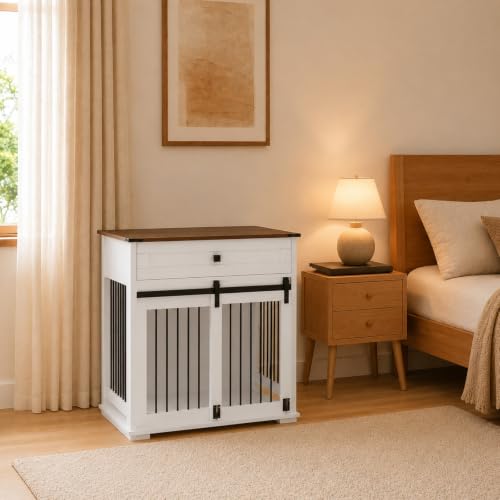 31.5” Dog Crate Furniture, Farmhouse Wooden Indoor Dog Kennel with Drawer, view 6