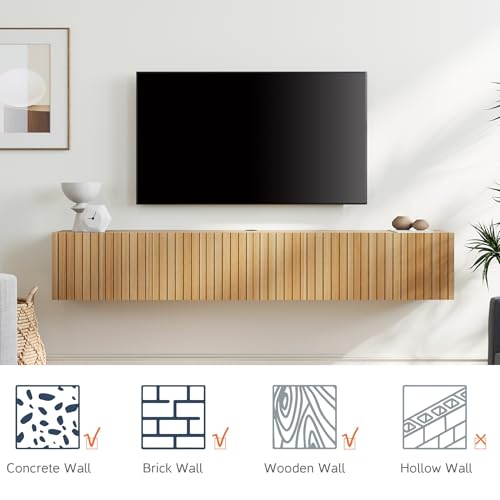 70" Modern Fluted Floating TV Stand, Oak, view 7