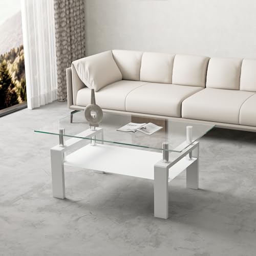 Glass Coffee Table for Living Room, Modern Coffee Table with Transparent Tempered Glass Top and White Metal Legs, Rectangle Tea Table for Home