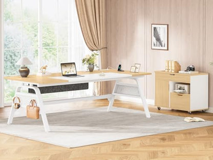 L Shaped Computer Desk with Mobile File Cabinet & Power Outlets, Executive Home Office Desk with Storage Drawers, Pegboard, Cable Management, Reversible L Desk for Work & Gaming, White + Oak