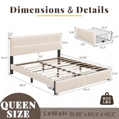 Queen Bed Frame with 2 Storage Drawers, Beige Velvet Upholstered, view 3