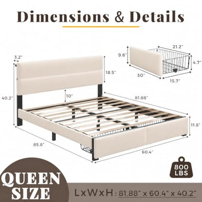 Queen Bed Frame with 2 Storage Drawers, Beige Velvet Upholstered, view 3