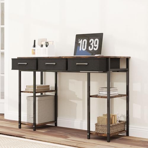 47" Computer Desk with 3 Fabric Drawers, Home Office Desk with Adjustable Shelves, Small Writing Desk with Storage, Rustic Brown