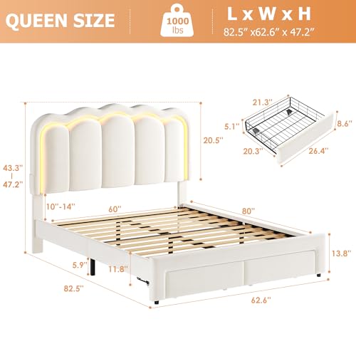 Queen Upholstered LED Bed Frame with 2 Storage Drawers and Adjustable Chic, view 3