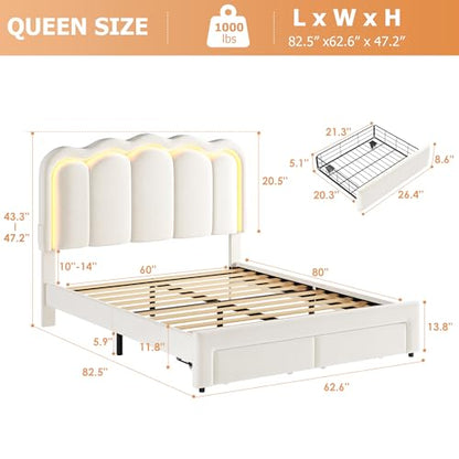 Queen Upholstered LED Bed Frame with 2 Storage Drawers and Adjustable Chic, view 3