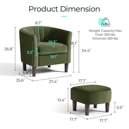 Accent Chair with Ottoman, Modern Barrel Chair Comfy Armchair Reading Chair with Footrest, Small Round Arms Chair for Living Room Bedroom Reading Room, Velvet, Olive