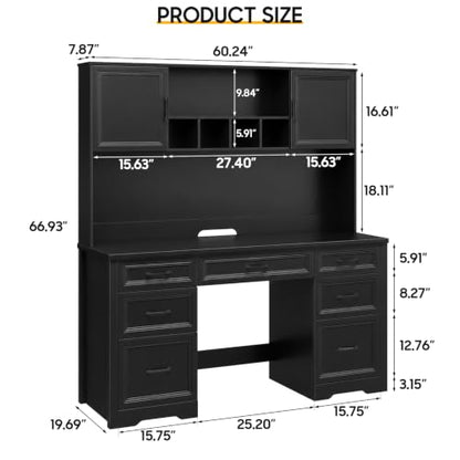 Farmhouse Executive Desk with 7 Drawers and Storage Cabinet, view 3