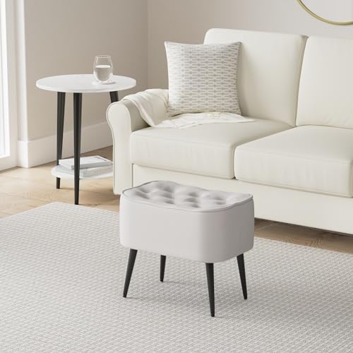 Tufted Curve Ottoman Velvet Foot Stool - Modern Upholstered Padded Footrest for Living Room or Bedroom - Small Cushioned Accent Chair for Couch, Sofa, or Extra Seating (Tan)