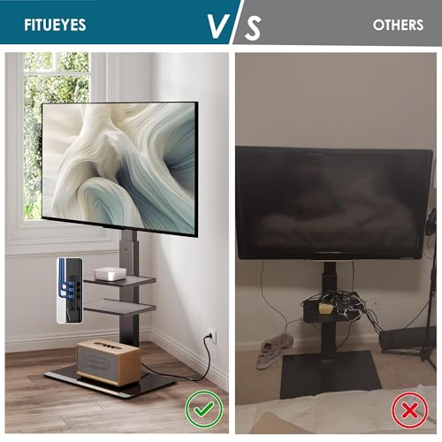 Floor TV Stand for 32-75 inch TV with Power Outlet, Tall TV Mount for Bedroom Living Room with Tempered Glass Base, TV Stand with Mount Holds Up to 88lbs MAX VESA 600x400mm,Black