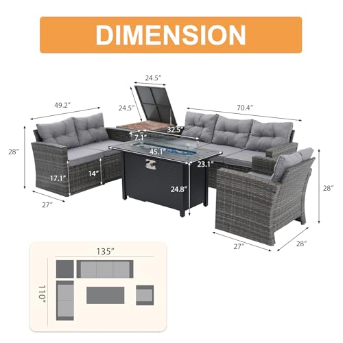 8 Pieces Outdoor Patio Furniture Set with 45” Fire Pit Table, Rattan Patio Conversation Sets with 50000 BTU Gas Fire Pit, Wicker Sectional Sofa Set with Storage Box, Gray (Without Table)