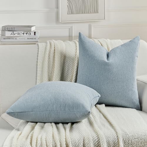 Pack of 2 Chenille Decorative Throw Pillow Covers 18x18 Inch,Soft Cozy Faux Linen Textured Cushion Case,Farmhouse Home Decor for Couch Living Room,Denim Blue