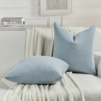 Pack of 2 Chenille Decorative Throw Pillow Covers 18x18 Inch,Soft Cozy Faux Linen Textured Cushion Case,Farmhouse Home Decor for Couch Living Room,Denim Blue