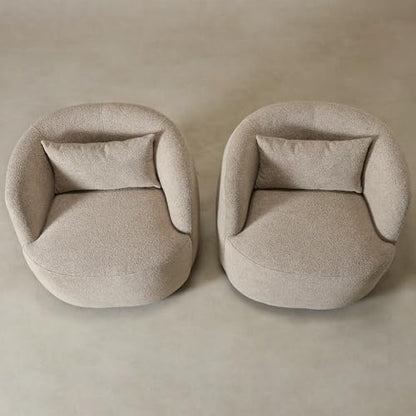 34" Wide Boucle Swivel Barrel Chairs Set of 2, No Assembly Round Upholstered Armchairs Accent Chairs Single Sofa Chair with Toss Pillow for Living Room and Bedroom, Taupe