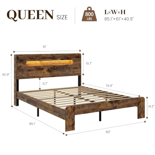 Rustic Brown 2-tier bed frame with charging station and light, view 3