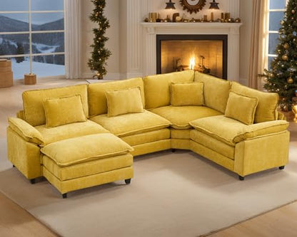 112" Oversized Modular Sectional Sofa U-Shaped Corner Cloud Couch with Ottoman, Convertible Deep Seat Chenille Couch for Living Room, Spacious Space (Yellow, 4 Seater)