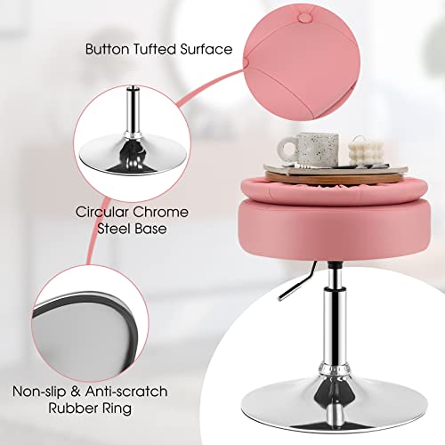 Vanity Stool with Storage, 360° Swivel PU Leather Vanity Chair, 20” to 26” Height Adjustable Makeup Stool with Flipped Lid, Modern Round Storage Ottoman for Living Room Bedroom, Pink