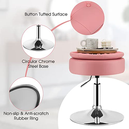 Vanity Stool with Storage, 360° Swivel PU Leather Vanity Chair, 20” to 26” Height Adjustable Makeup Stool with Flipped Lid, Modern Round Storage Ottoman for Living Room Bedroom, Pink