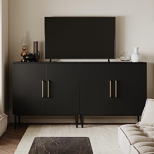 Black Storage Cabinet with Doors, Modern Accent Cabinet, Free Standing Cabinet with Adjustable Shelf, Wooden Buffet Sideboards for Living Room, Kitchen, Dining Room, Entryway