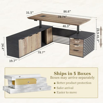 86.61In L Shaped Executive Standing Desk with Drawers, view 3