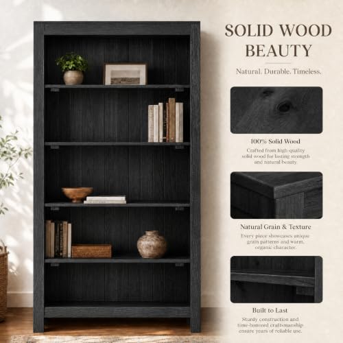 71" Solid Wood 5-Tier Tall Bookcase (2, Black), view 8
