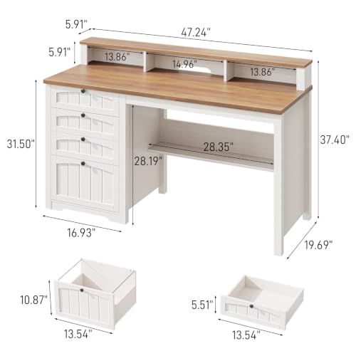 47" Farmhouse Executive Desk with 4 Drawers, Rustic White and Brown, view 4