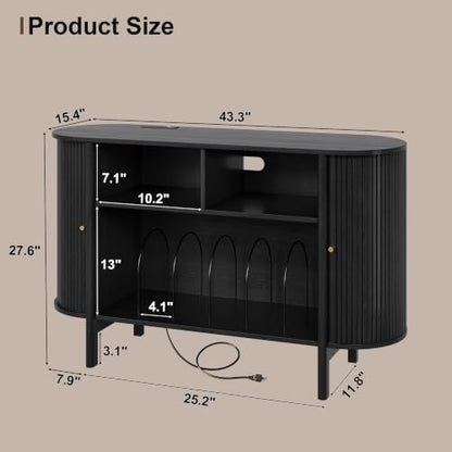 43"W Record Player Stand with Power Outlets, Vinyl Storage Cabinet, Black, view 3