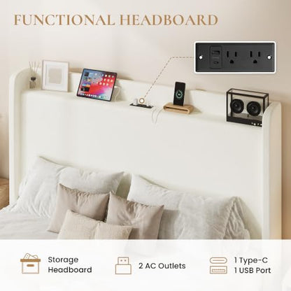 Queen Bed Frame with Chenille Storage Headboard and USB, White, view 5