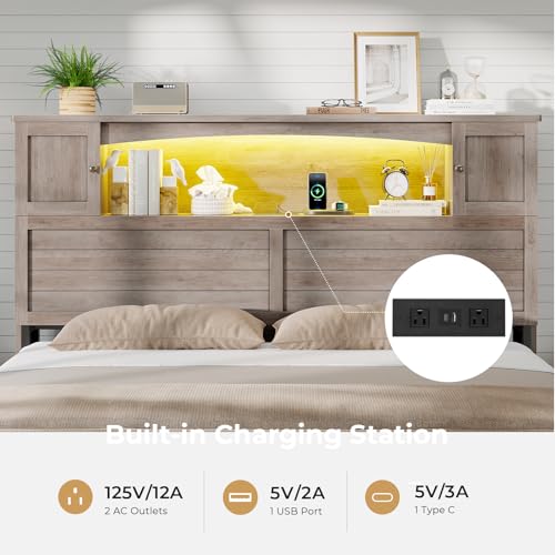 Farmhouse Queen Bed Frame with Bookcase and Storage Cabinets Headboard, view 5