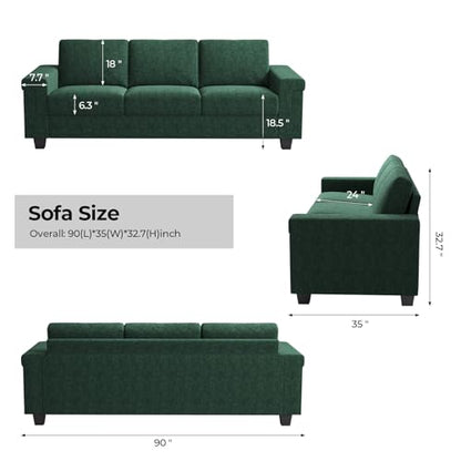 3 Seater Sofa Couch with Deep Seat, 90" Modern Upholstered Sofa with Armrests, Easy Installation, Comfy Couches for Living Room, Apartment, Green