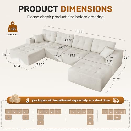 143" Modular Sectional Sofa for Living Room, Convertible U-Shape Couch with Ottoman, 6 Seater Modular Sectional Sofa,Beige Corduroy