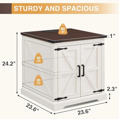 Farmhouse End Table with Charging Station,24" Large Sofa Side Table with Barn Door, Rustic Wood Square Nightstand Bedside Table with Adjustable Shelf for Living Room, Bedroom,Antique White
