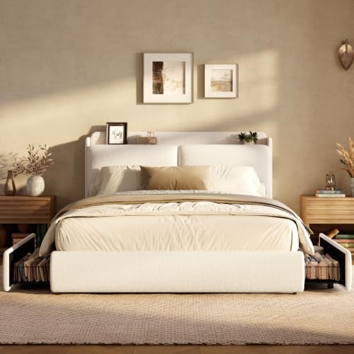 Chenille Fabric Queen Size Bed Frame with 2 Storage Drawers - Beige, view 6