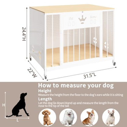 31.5" Iron Pegboard Dog Crate Furniture with Solid Wooden Top & RGB Lights, view 3