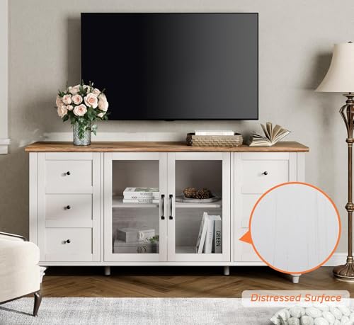 Glass Door TV Stand for 65 Inch TV with Storage Cabinet, Off White, view 6