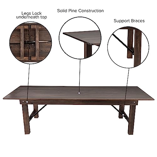 Hercules Commercial Grade Farmhouse Dining Table | Solid Pine Foldable Table for 10 in Antique Rustic Mahogany | Rustic Charm for Home and Events