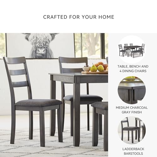 Signature Design by Ashley Bridson Dining Table Set For 6 With Bench, Wood 6‑Piece Kitchen Table And Chairs With Upholstered Seats, Transitional Charcoal Gray Dining Room Collection For Family Meals