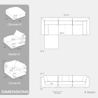 Oversized Modular Sectional Sofa,Cloud Couch Deep Seat Sofa Cushion Covers Removable, Oversized Sectional Couches for Living Room (3 Seater+1 Ottoman-Cream White)