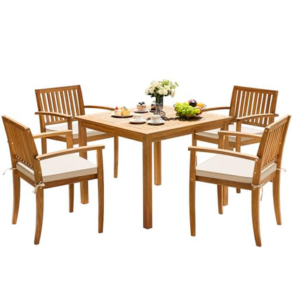 5 Piece Patio Dining Set Outdoor Solid Wood Furniture for Yard, Garden, Porch w/Square Tabletop & 4 Chairs, White