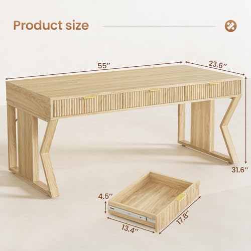 55" Executive Office Desk with 3 Drawers, Home Office Desk with Storage Drawers, Computer Writing Desk Study Table, Natural Oak