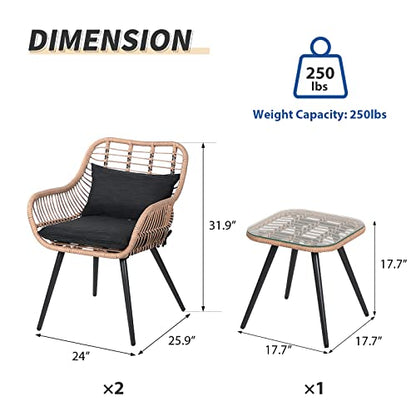 3 Piece Patio Bistro Set, Outdoor Wicker Conversation Chair Sets Balcony Furniture,Coffee Table with Glass Top, Cushions & Lumbar Pillows for Porch, Backyard, Deck, Poolside